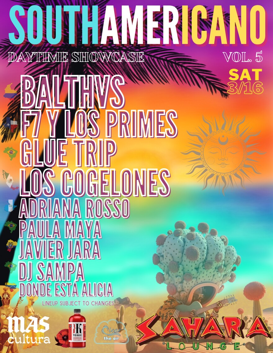 A psychedelic show poster with cacti in a desert and the shows artist lineup