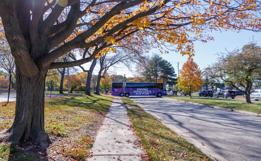 Democratic nominee for governor Jocelyn Benson launched her statewide "Driving Down Costs" bus tour in East Lansing, Mich., on Oct. 22, 2026.