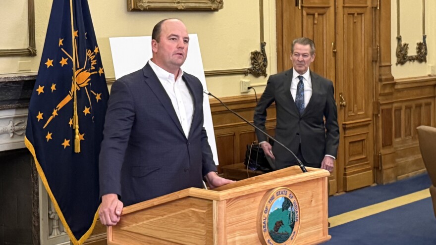 Fishers Mayor Scott Fadness and Gov. Mike Braun announce a $1 billion commitment to the central Indiana region to promote further life science business growth, on March 17, 2026.