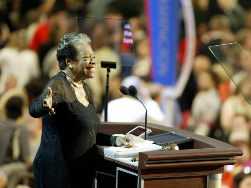 BOSTON, United States: Poet and activist Maya Angelou addresses the Democratic National Convention 27 July, 2004, in Boston, Massachusetts. Democratic presidential candidate John Kerry is to be officially nominated by the convention 29 July. AFP PHOTO/TIMOTHY A. CLARY (Photo credit should read TIMOTHY A. CLARY/AFP via Getty Images)