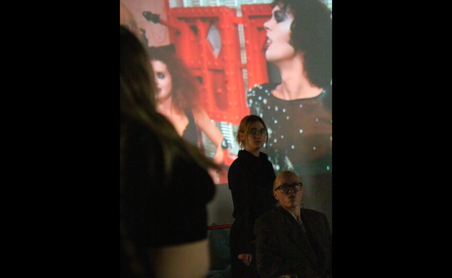 Drag performer Roderick Von Schlong, center, plays Brad Majors alongside Sonja Sargent Sparks, right, as Dr. Scott.