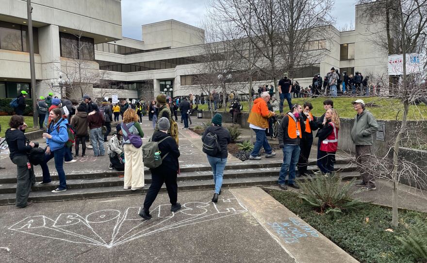 Protesters on the plaza outside the Eugene federal building on Friday, Jan. 30, 2026.
