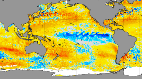 Water temperature anomalies across the world. (Blue indicates colder water while yellow-orange indicate warmer than average.)