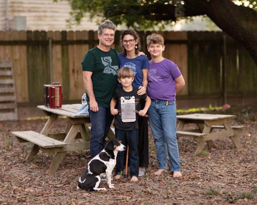Steve and Katie Riley with their sons Burke, 11, and Dolsy, 8, are quarantining at their home in Scott, La. Riley says the lack of music is famishing Cajun culture—which is all about people coming together.