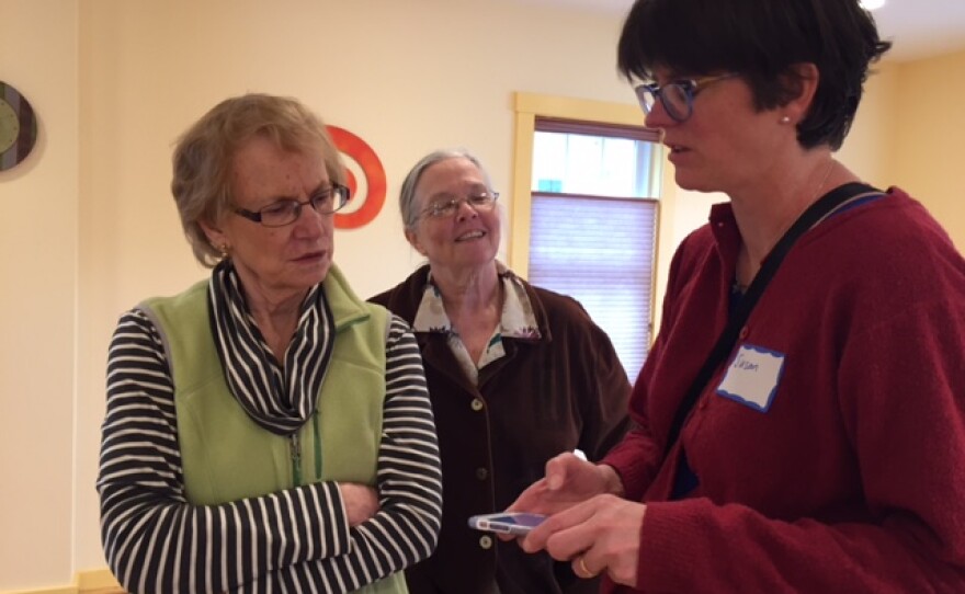 Former Mass. state Rep. Ellen Story gives campaign advice to Susan Voss, a candidate for the Northampton school committee, as volunteer Didi Firman looks on.