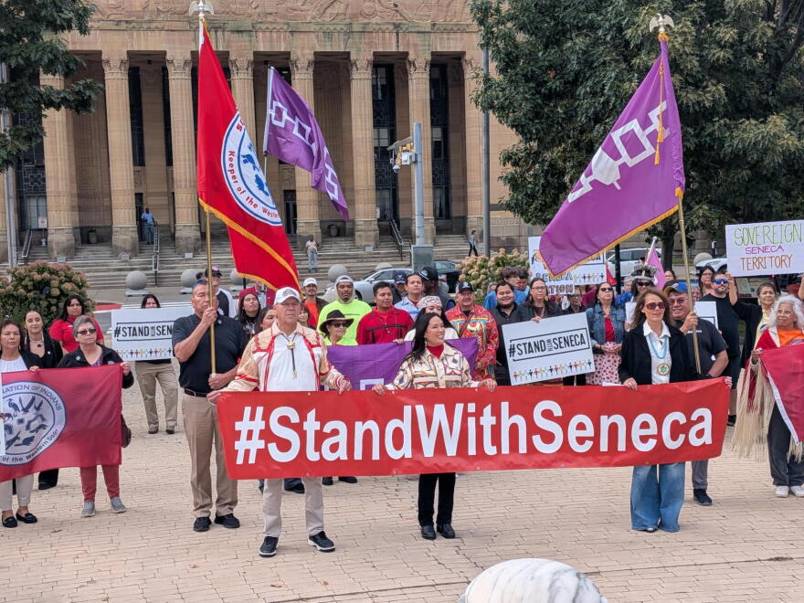 Leaders and members of the Seneca Nation held a rally in front of city hall.