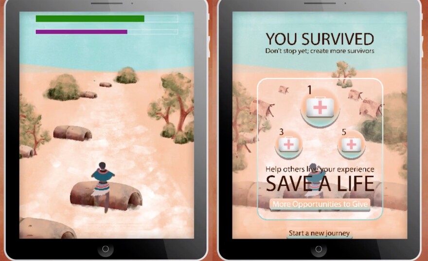 Screen shots of Salaam. Players gather resources like food and medicine while running away from violence to stay alive.
