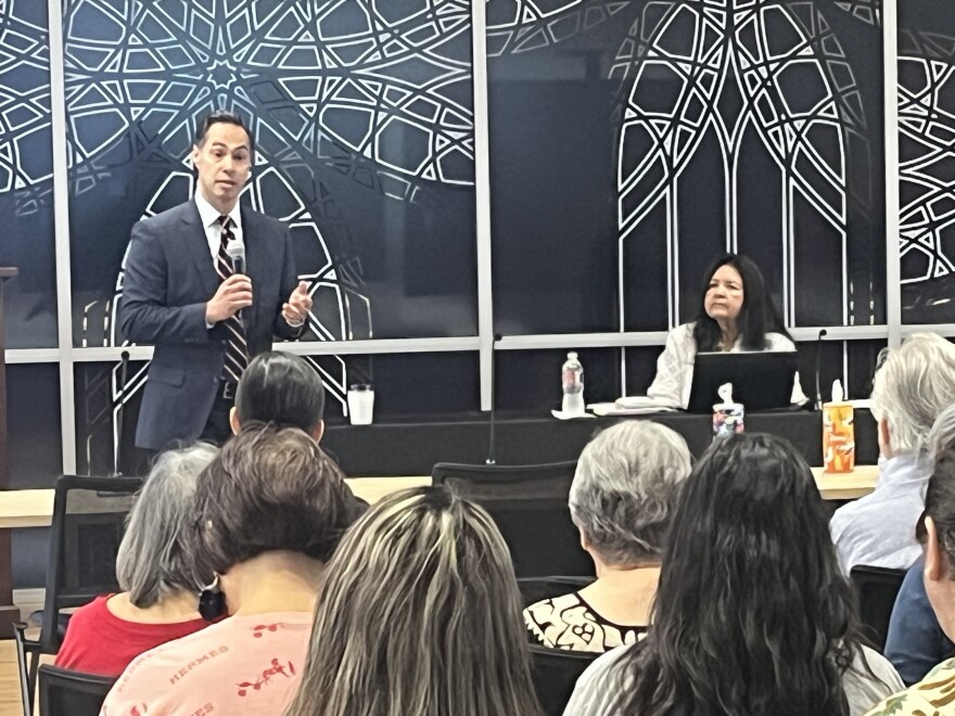 Former S.A. Mayor Julian Castro, now CEO of the Latino Community Foundation in San Antonio, speaks to attendees at the People's Hearing on Immigration