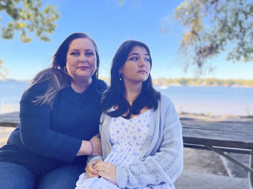 Gwyneth Brown and daughter Bea Ramirez sit together at Ramsey Creek Park in Cornelius on Sunday, Oct. 22, 2023.