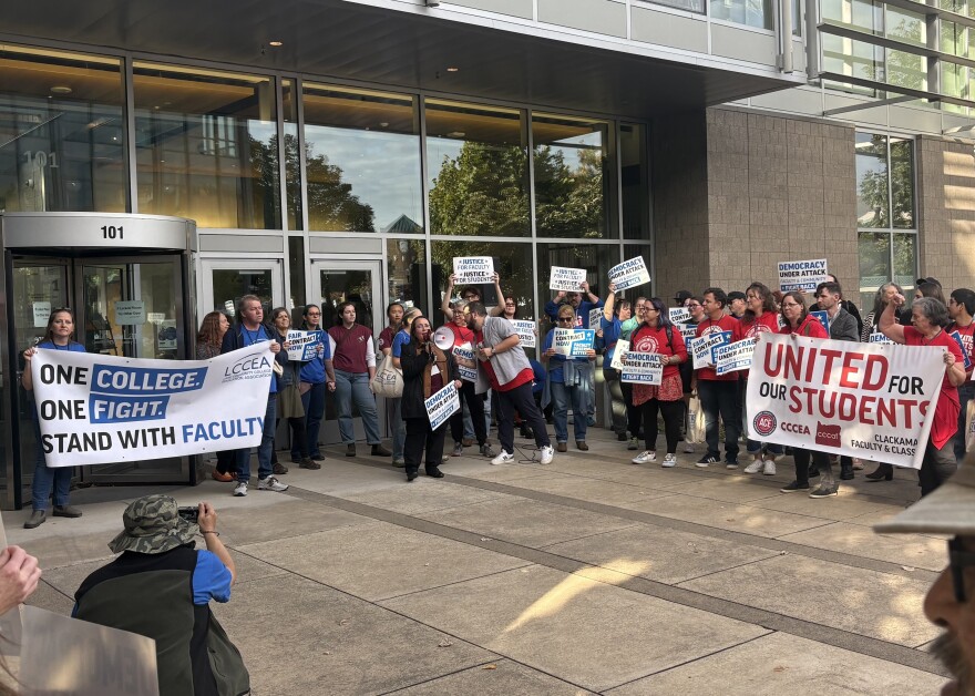 LCC employees, students and allies gather in front of the college's downtown Eugene building on Oct. 4, 2025, to protest the administration's recent actions.