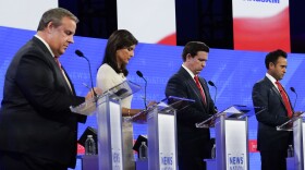 Republican presidential candidates from left, former New Jersey Gov. Chris Christie, former U.N. Ambassador Nikki Haley, Florida Gov. Ron DeSantis, and businessman Vivek Ramaswamy during a Republican presidential primary debate hosted by NewsNation on Wednesday, Dec. 6, 2023, at the Moody Music Hall at the University of Alabama in Tuscaloosa, Ala.