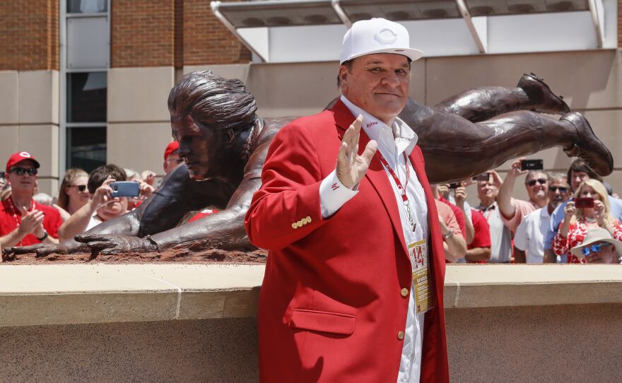 Former Cincinnati Reds player Pete Rose smiles as he stands for pictures during the dedication of his statue outside Great American Ballpark prior to a baseball game between the Cincinnati Reds and the Los Angeles Dodgers, Saturday, June 17, 2017, in Cincinnati.