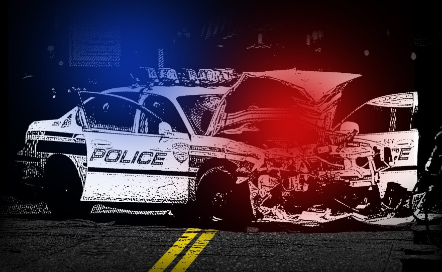 An illustration of a smashed police car on a street