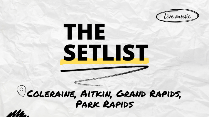 "The Setlist" and "Coleraine, Aitkin, Grand Rapids, Park Rapids" written over a crumpled paper background.