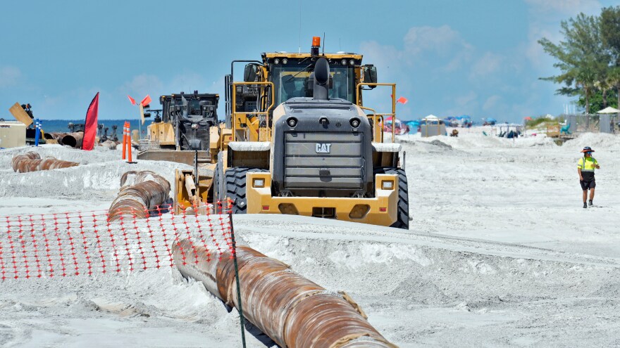 Workers replace the sand washed away by recent hurricanes along the gulf Thursday, Sept. 25, 2025, in Indian Rocks Beach, Fla.