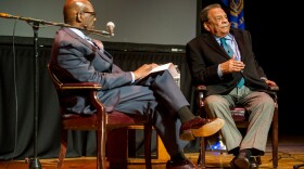 Texas A&M University-Commerce's Noah Nelson, left, with guest Andrew Young.