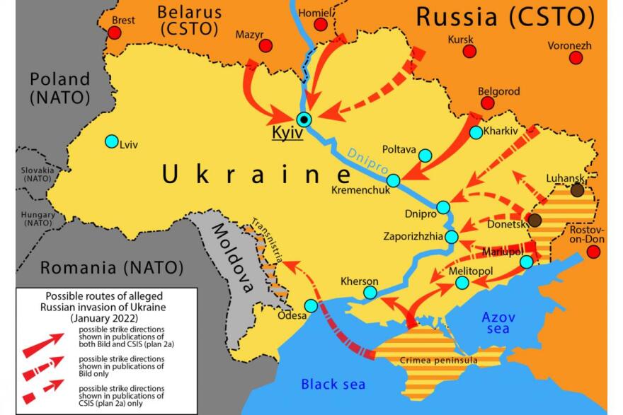 Possible routes of a Russian invasion of Ukraine (created Jan. 2022).