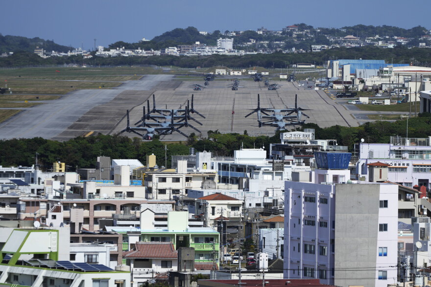 U.S. MV-22 Osprey transport aircraft are parked at the U.S. Marine Corps Air Station Futenma in Ginowan, on the main island of the Okinawa archipelago, southern Japan, Tuesday, Feb. 18, 2025. 