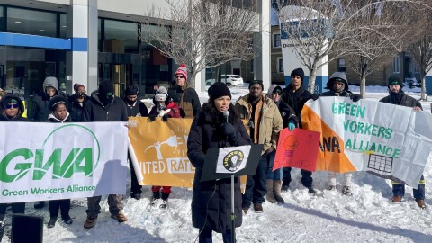 Former U.S. Senate candidate Morgan Harper speaks at a protest outside of the Public Utilities Commission of Ohio's offices on January 28, 2026. The utility regulator is considering a rate case involving American Electric Power, which Harper and her allies oppose.