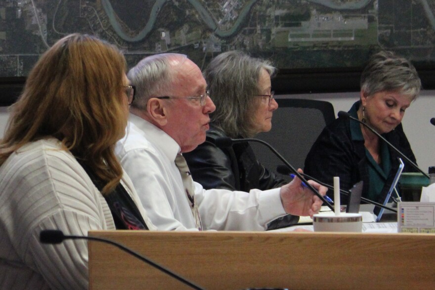 Soldotna City Council member Dave Carey (second from left) speaks against a proposed increase to the city sales tax during a meeting on Wednesday, May 13, 2026 in Soldotna, Alaska.