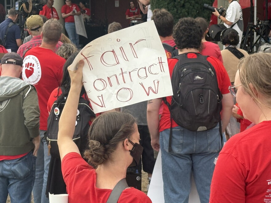 Union members with the Seattle Education Association rallied during contract negotiations outside Seattle Public Schools headquarters in the SoDo neighborhood.