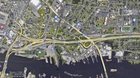 A Google Maps satellite view of the infrastructure "spaghetti bowl" in Norfolk.