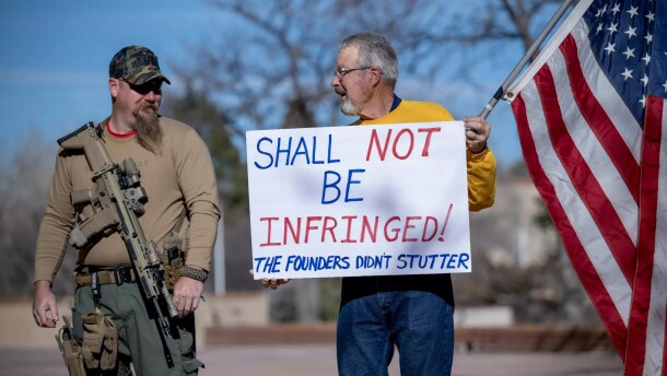 Bryan Small. left, and Dennis Smith, both from Albuquerque, were among over 100 people who took part in a Second Amendment Rally at the Roundhouse on February 7th.