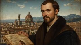 A 16th century man holds music with the Florence Duomo behind him. 