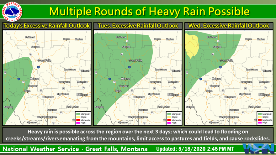 The National Weather Service advises heavy rain is possible across portions of southwest, central and north central Montana over the next three days. It could lead to the flooding of streams, creeks, and rivers originating from the mountains.