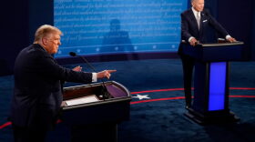 President Donald Trump speaks during the first presidential debate against former Vice President and Democratic presidential nominee Joe Biden in Cleveland, Ohio. 