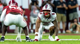 FILE - South Carolina defensive end Dylan Stewart (6) lines up against Alabama during the first half of an NCAA college football game, Sept. 26, 2026, in Tuscaloosa, Ala. (AP Photo/Vasha Hunt, File)