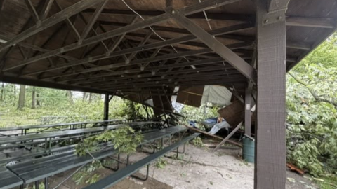 Part of the main shelter at Lake Lansing Park South collapsed after severe storms swept through Ingham County on Thursday, Sept. 3, 2026. Officials say the damaged portion will remain unusable for the rest of the season.
