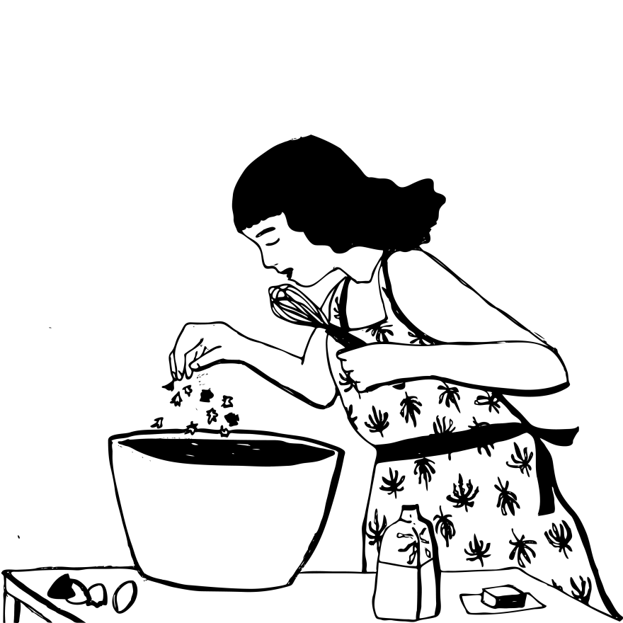 A drawing of Meridy Volz baking.