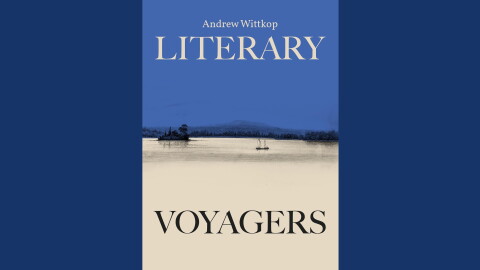 Cover of "Literary Votagers" by Andrew Wittkop; illustrated lake scene in blue and tan