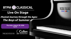 black grand piano against a black background. White BTPM Classical Live On Stage logo, white text reading A MUSICAL JOURNEY THROUGH THE AGES: THE BOYS OF SUMMER. PRESENTED BY followed by a white Cullen Foundation logo.