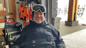 Chuck Petitpas in the loading bay before heading out to ski Spruce Peak on March 4, 2025. This is Petitpas' fourth time in the TetraSki. He is preparing to race at the Brian McKenna TetraSki Express International Championship on Powder Mountain in Utah at the end of March.