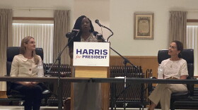 Mount Pocono Councilwoman Claudette Williams touts Vice President Kamala Harris' presidential candidacy during a rally Friday, July 26, 2024, at the carpenters union hall in South Scranton. Looking on are Scranton Mayor Paige Gebhardt Cognetti, left, and state Rep. Bridget Kosierowski.
