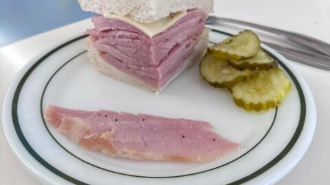 Ham sandwich at Mike's Famous Ham Place. (Julia Corcoran/Here & Now)