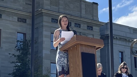  Lea Bossler speaks at an event at the capitol in September organized by the opposition group Compassion for Montana Families. 
