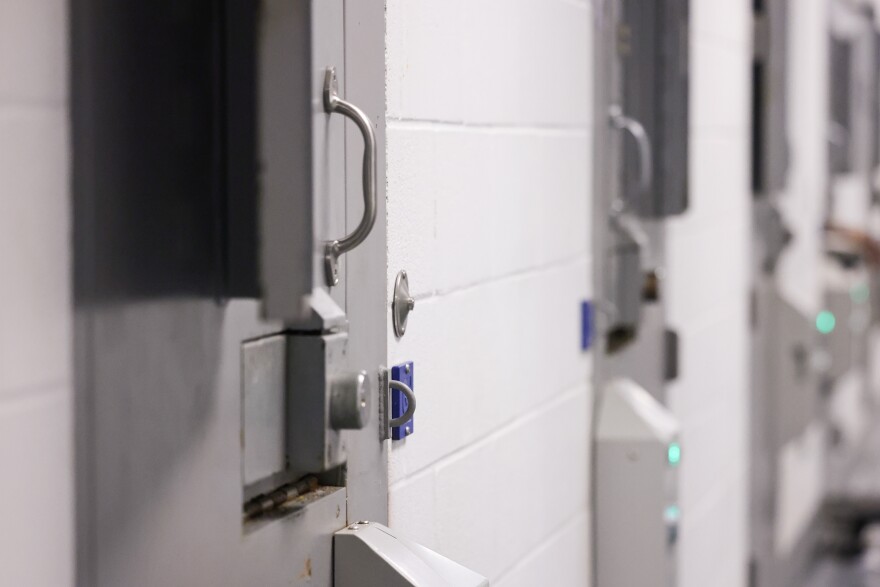 A photo of a row of jail cells with thick gray metal doors.