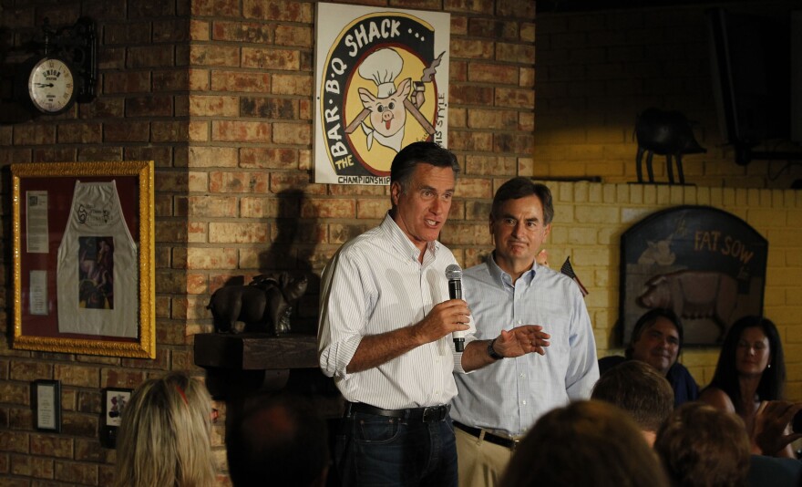 Republican presidential candidate Mitt Romney stumped for U.S. Senate hopeful Richard Mourdock (right) in August at Stepto's BBQ Shack in Evansville, Ind.