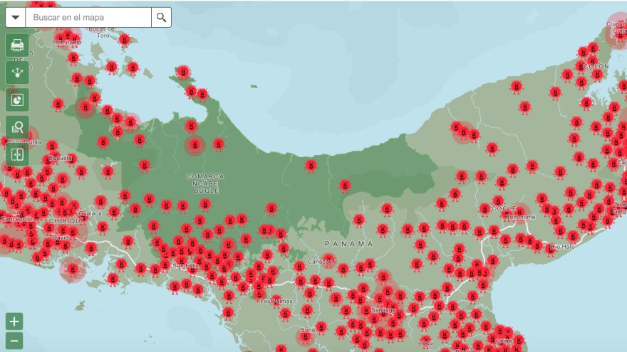 Doviaza's maps overlay the daily number of COVID cases reported by the health ministry (depicted as the spike protein of the virus, shown in red) with locations of indigenous communities (dark green).