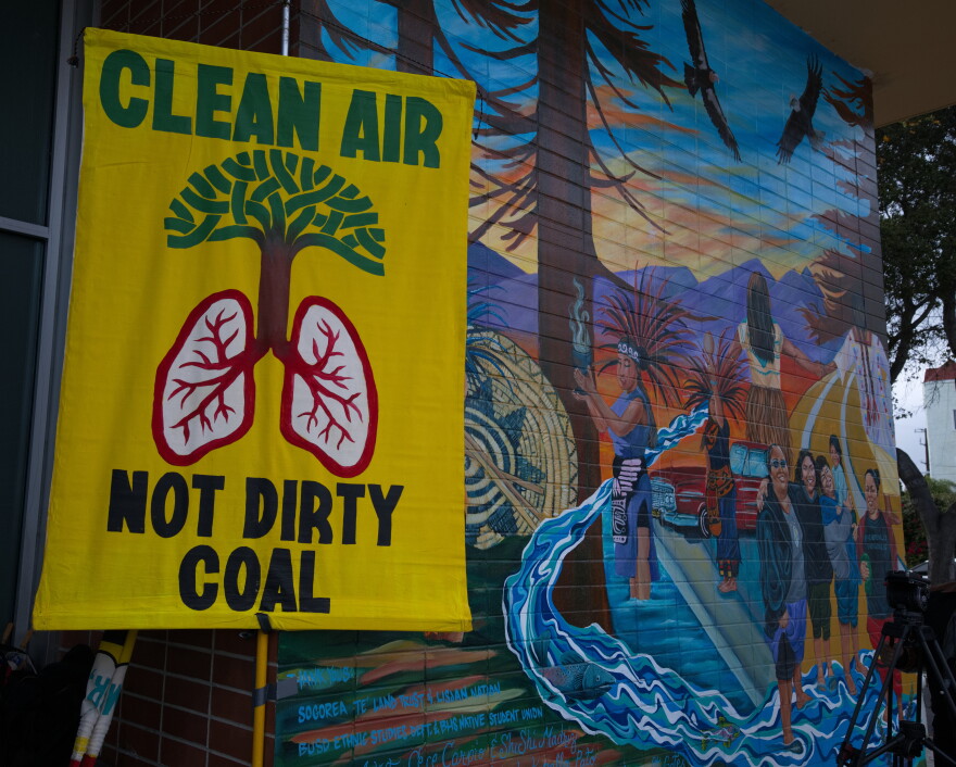 A hand drawn sign that says 'Clean Air Not Dirty Coal' with the drawing of a tree whose roots turn into a pair of lungs 