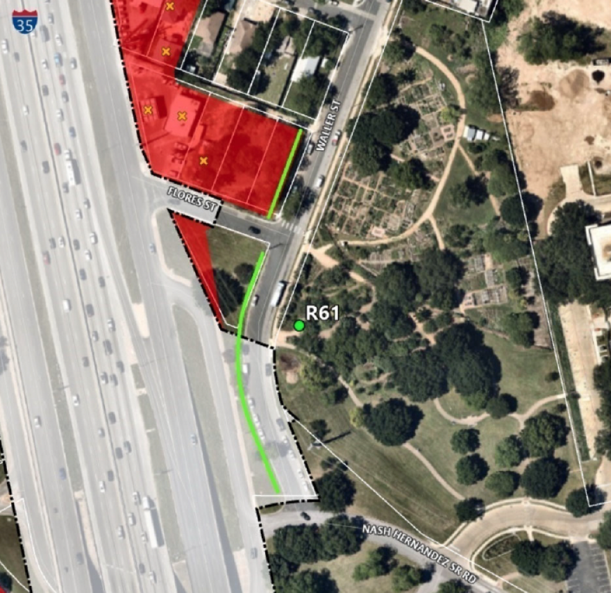 A map showing where the 480 foot wide noise barrier would be located at Festival Beach Community Garden and Food Forest. A green line shows the barrier stretching along the west side of Waller Street from Nash Hernandez Sr. Road north to Flores Street. The barrier continues half-a-block north after Flores street.