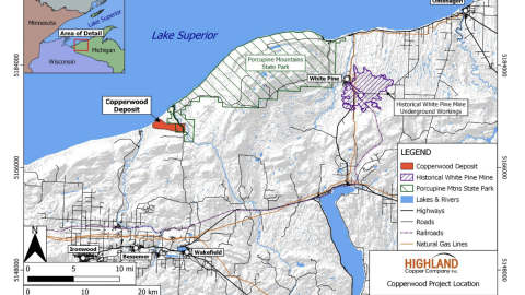 The copper deposit Highland Copper Company plans to mine lies underground near Porcupine Mountains Wilderness State Park, Lake Superior and the North Country Trail. The mine would be underground, not an open pit. This map comes from Highland Copper’s feasibility study. Highland Copper purchased the Copperwood project from Orvana Resources in 2014, which started drilling exploration around 2008. But the deposit was originally drilled for exploration in the 1950s. (Credit: Highland Copper Company Inc.)