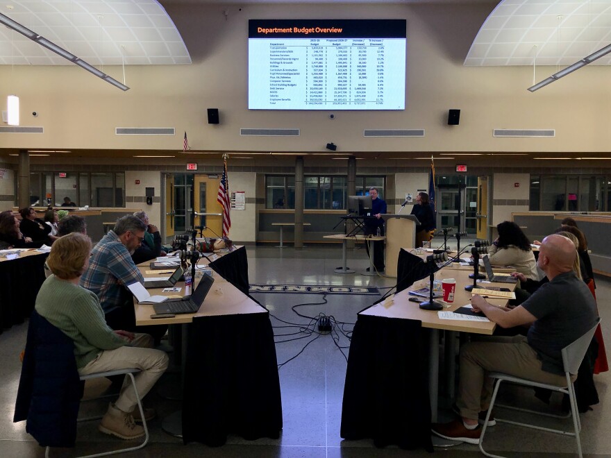 Paul Webster and Michelle Caulfield present a first draft of the 2026-2027 Corning-Painted Post Area School District budget to the school board.