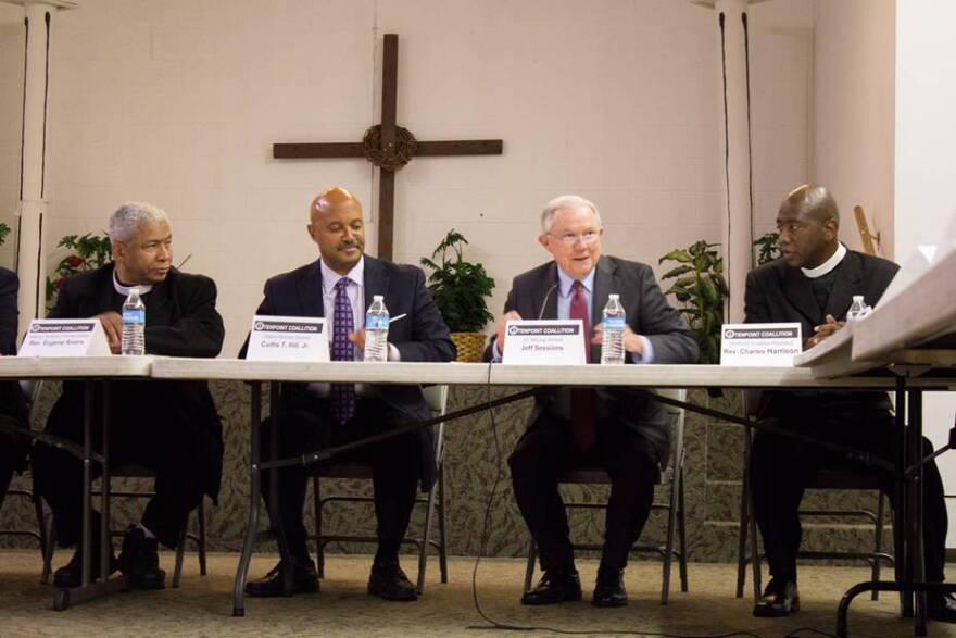 From left to right: Rev. Eugene Rivers, Indiana Attorney General Curtis Hill, U.S. Attorney General Jeff Sessions, Rev. Charles Harrison