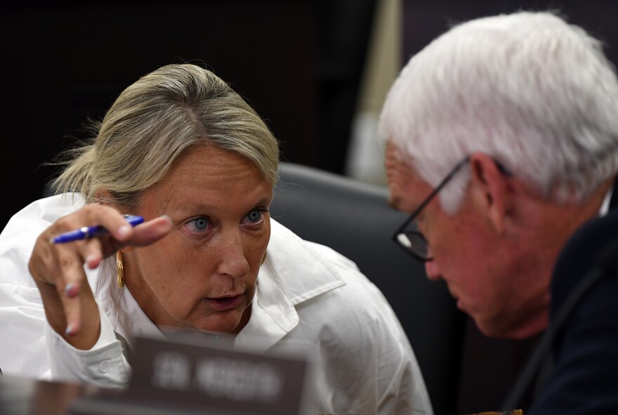 Senate Majority Caucus Chair Julie Raque Adams, a Louisville Republican, confers with Sen. Stephen Meredith about the implementation of Senate Bill 151 during an Interim Joint Committee on Families and Children meeting.