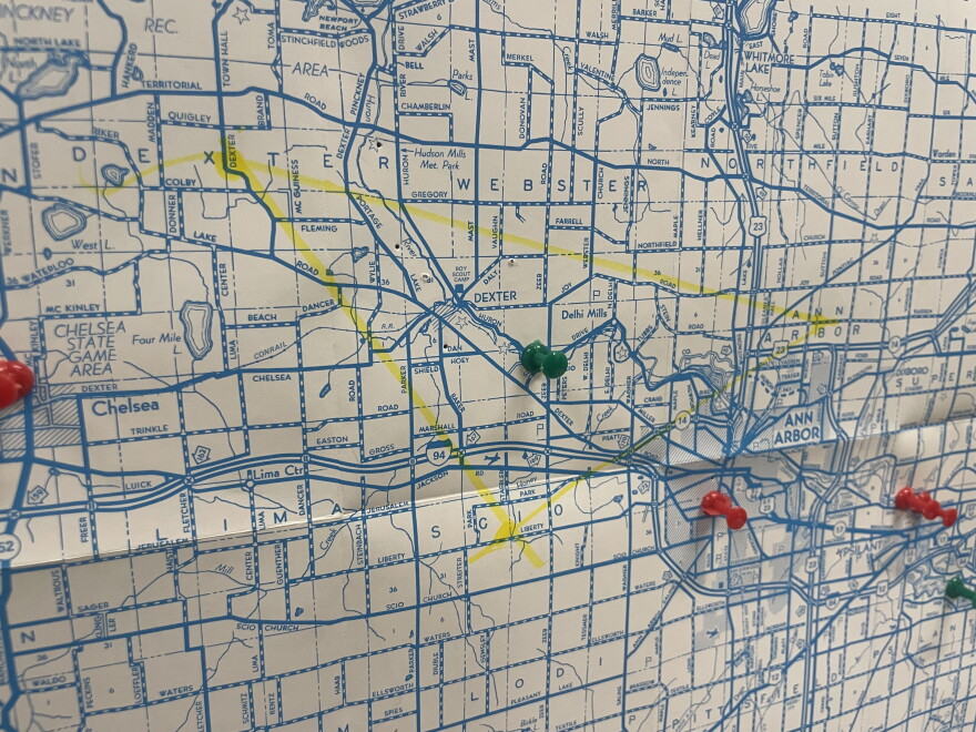 A triangle drawn between Ann Arbor, Scio Township and Dexter Township, revealing Scio Village's location directly in the middle.
