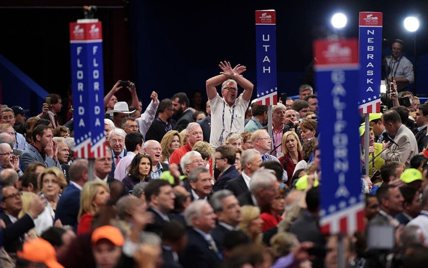 Delegates protest on the floor on the first day of the Republican National Convention on July 18, 2016 at the Quicken Loans Arena in Cleveland, Ohio. ( Jeff Swensen/Getty Images)